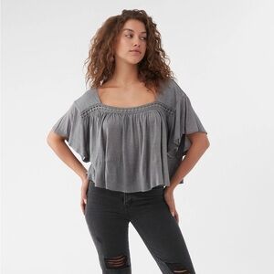 O'Neill Gray Crop Blouse with Flutter Sleeves and Smocked‎ Detail